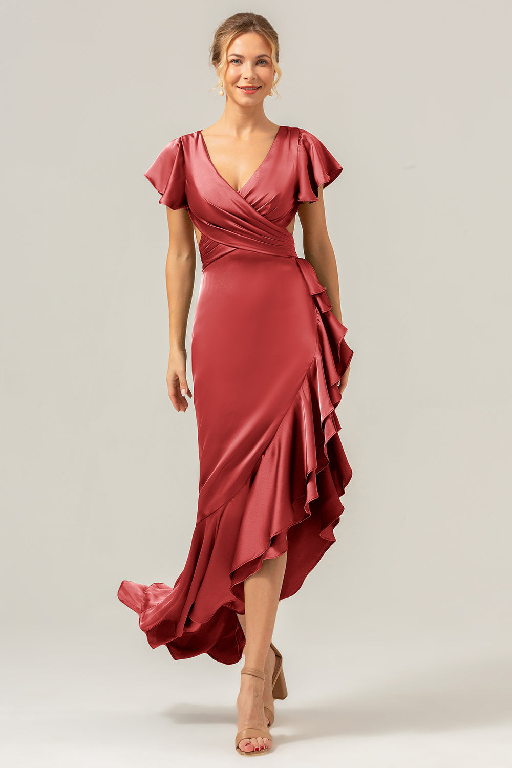 Olive V Neck Backless Sheath Wedding Guest Dress with Ruffles