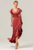 Olive V Neck Backless Sheath Wedding Guest Dress with Ruffles