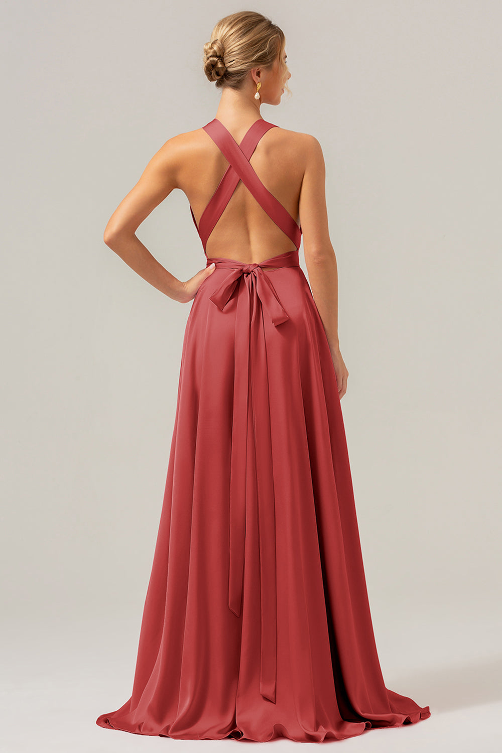 Pink A Line V-Neck Backless Long Bridesmaid Dress with Slit