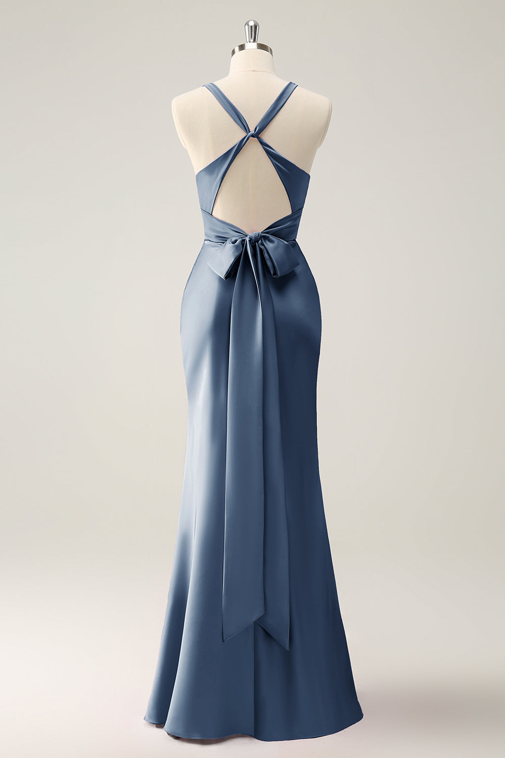 Dusty Blue Mermaid V Neck Satin Long Bridesmaid Dress