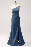 Eucalyptus One Shoulder Mermaid Satin Long Bridesmaid Dress