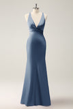 Dusty Blue Mermaid V Neck Satin Long Bridesmaid Dress