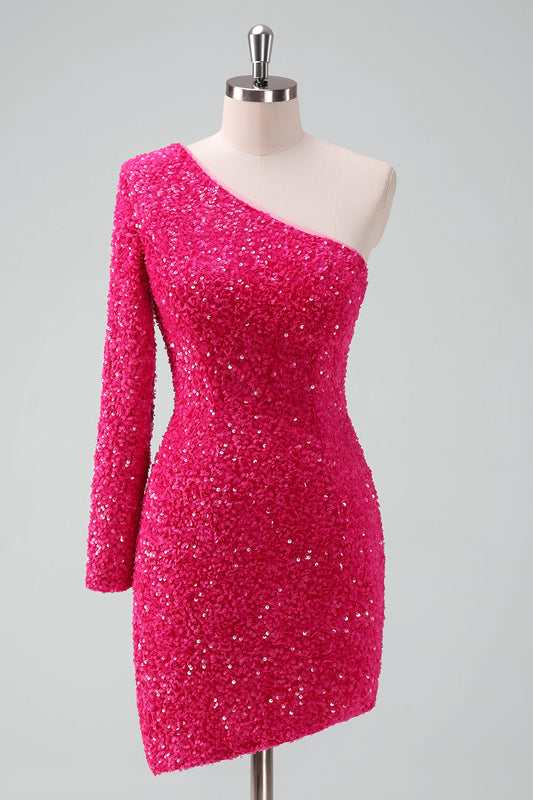 Sparkly Fuchsia One Shoulder Sequin Tight Short Homecoming Dress with Fringe