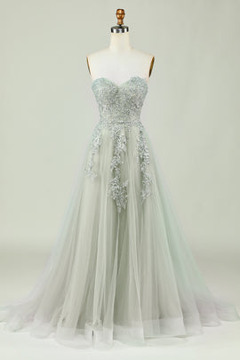 Sweetheart Beaded Light Green Long Prom Dress with Slit Front