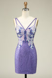 Sheath Spaghetti Straps Purple Sequins Short Homecoming Dress