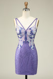 Sheath Spaghetti Straps Purple Sequins Short Homecoming Dress