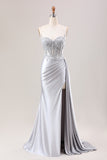 Silver Mermaid Pleated Sheer Long Corset Satin Prom Dress With Slit