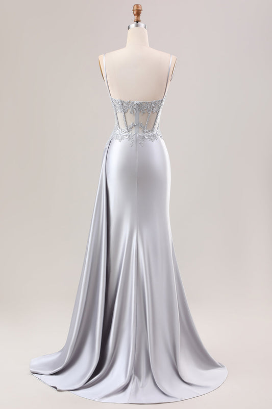 Silver Mermaid Pleated Sheer Long Corset Satin Prom Dress With Slit