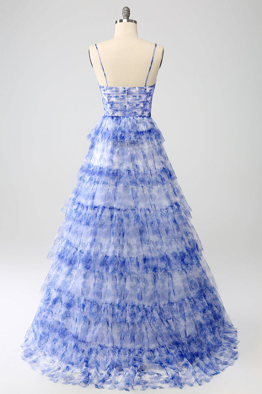 Blue Printed A Line Tiered Hollow-out Long Prom Dress