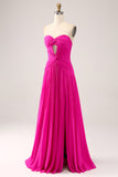 Fuchsia A Line Sweetheart Pleated Keyhole Long Prom Dress With Slit