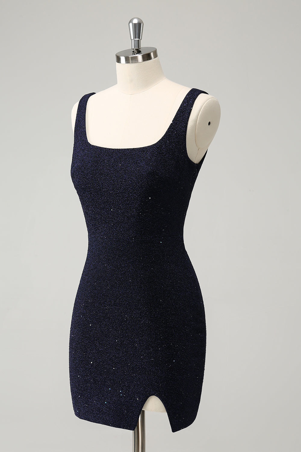 Sparkly Dark Blue Square Neck Bodycon Mini Homecoming Dress With Slit