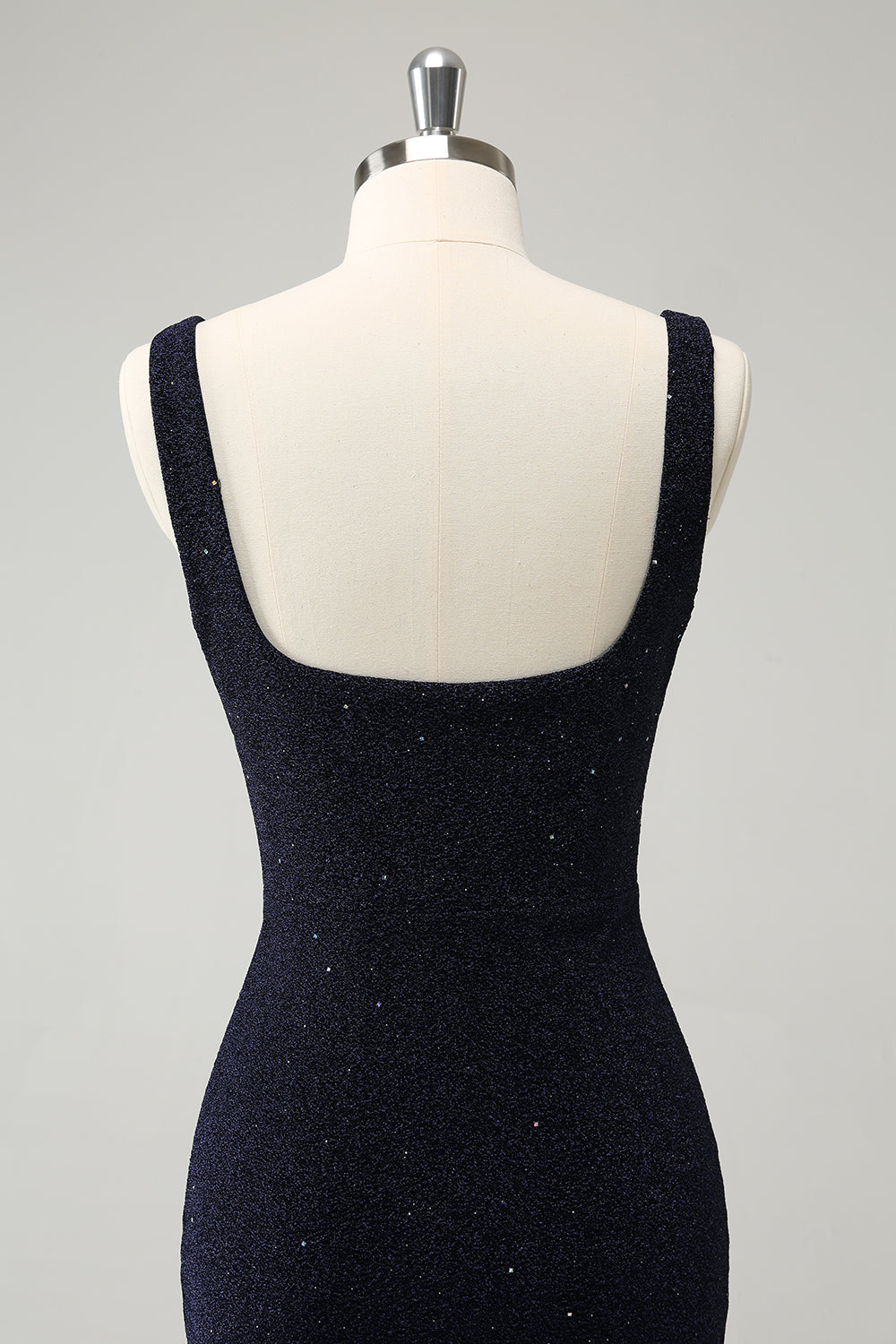 Sparkly Dark Blue Square Neck Bodycon Mini Homecoming Dress With Slit