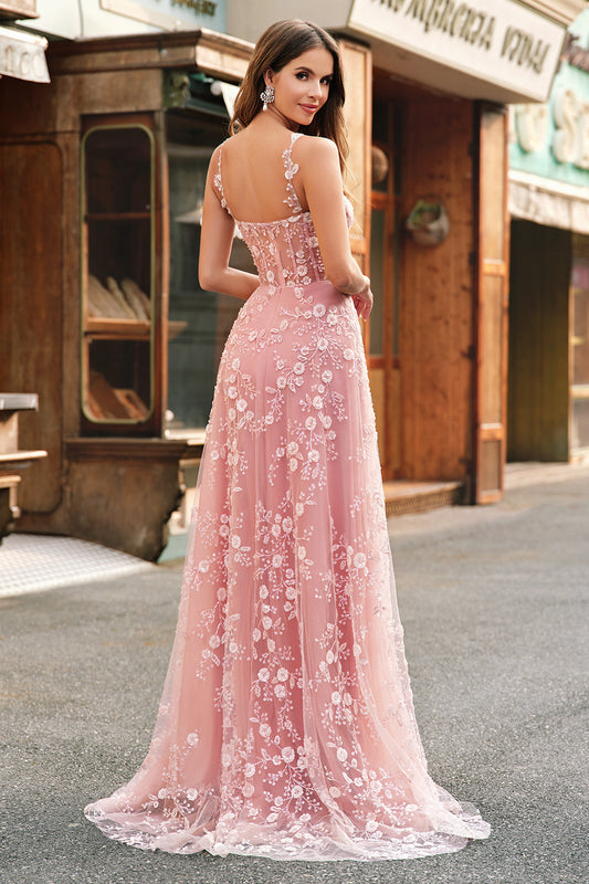 Blush A Line Spaghetti Straps Floral Corset Long Prom Dress with Slit