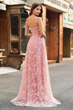 Blush A Line Spaghetti Straps Floral Corset Long Prom Dress with Slit