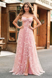 Blush A Line Spaghetti Straps Floral Corset Long Prom Dress with Slit