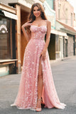 Blush A Line Spaghetti Straps Floral Corset Long Prom Dress with Slit