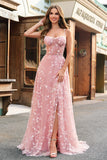 Blush A Line Spaghetti Straps Floral Corset Long Prom Dress with Slit