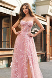 Blush A Line Spaghetti Straps Floral Corset Long Prom Dress with Slit