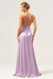 Martini Spaghetti Straps Swing Collar Long Bridesmaid Dress with Slit