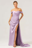 Dusty Sage Off The Shoulder Long Bridesmaid Dress with Slit