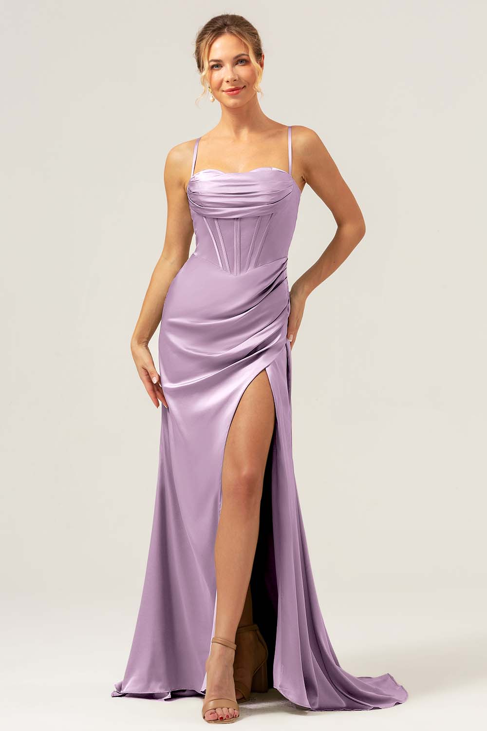 Spaghetti Straps Agave Corset Long Bridesmaid Dress with Slit