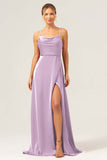 Martini Spaghetti Straps Swing Collar Long Bridesmaid Dress with Slit