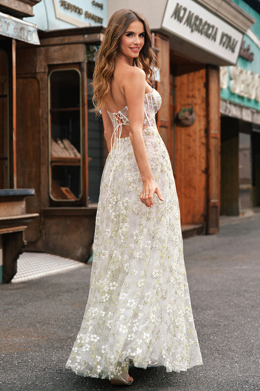 A Line Light Green Sweetheart Corset Prom Dress with Embroidery