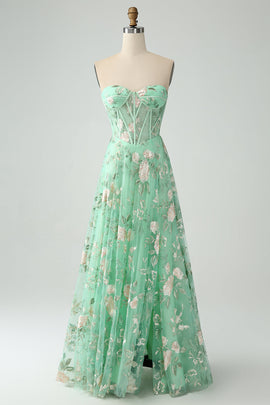 Green A Line Sweetheart Strapless Printed Corset Prom Dress with Slit