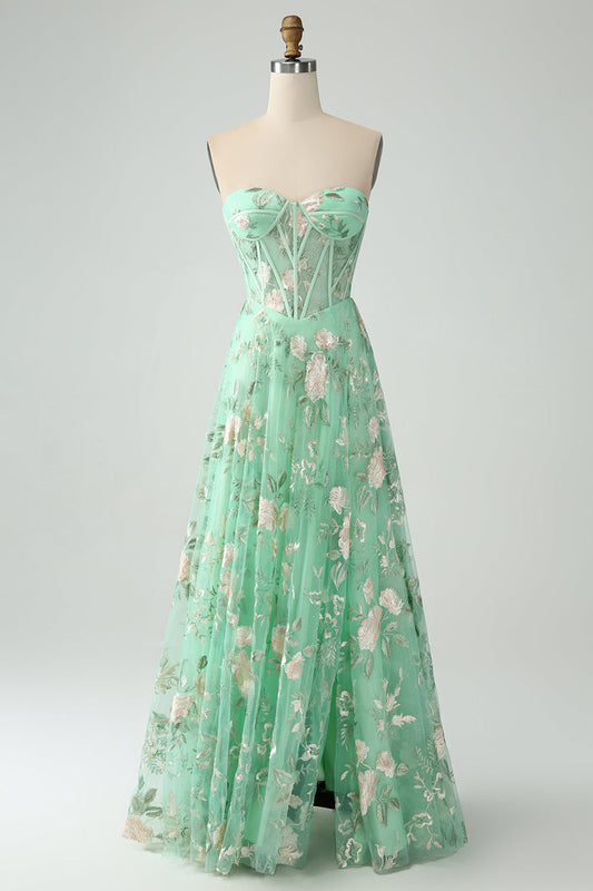 Green Corset Prom Dress with Embroidery A-Line Sweetheart Party Dress