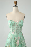 Green A Line Sweetheart Strapless Printed Corset Prom Dress with Slit