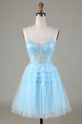 Sky Blue A Line Spaghetti Straps Open Back Tulle Homecoming Dress