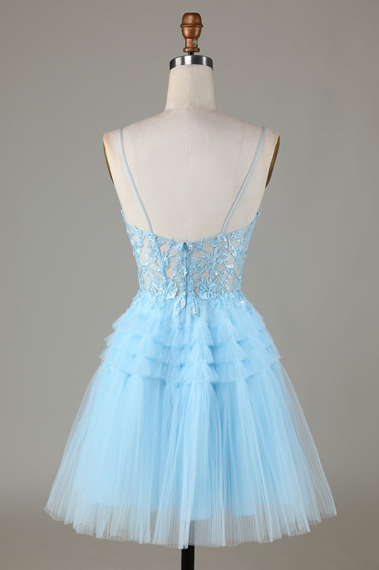 Sky Blue A Line Spaghetti Straps Open Back Tulle Homecoming Dress