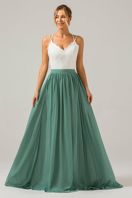 Eucalyptus Open Back Boho Chiffon Long Bridesmaid Dress with Lace