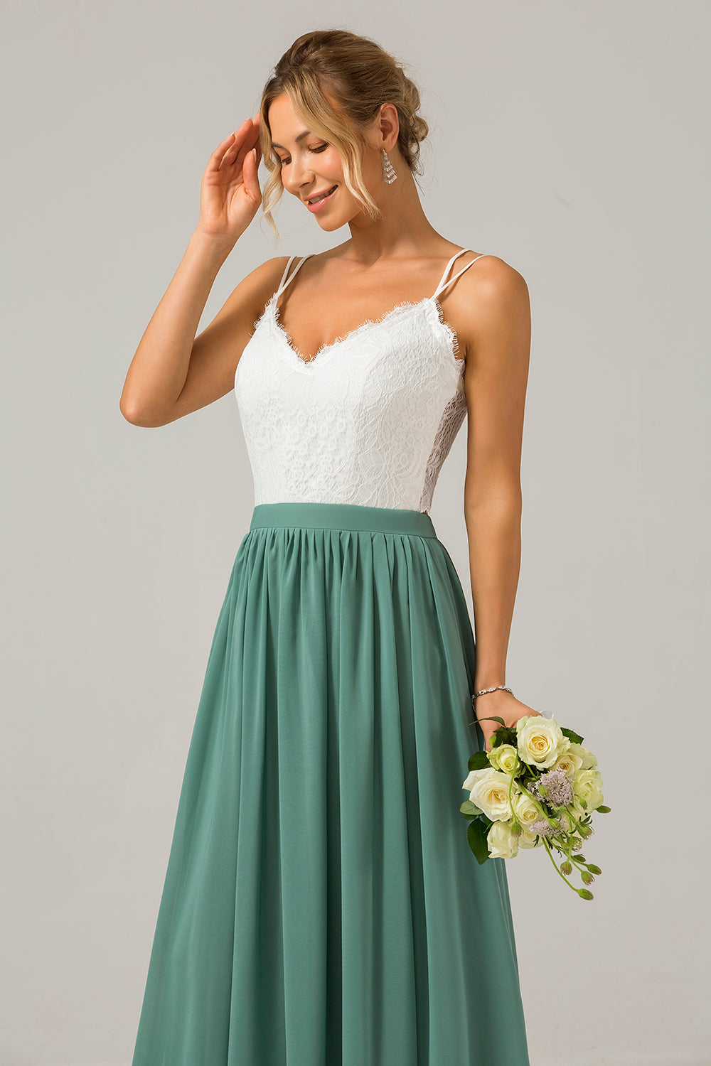 Eucalyptus Open Back Boho Chiffon Long Bridesmaid Dress with Lace