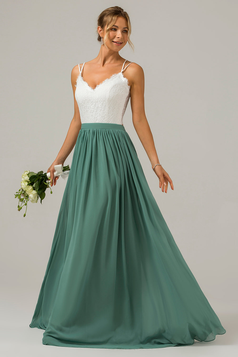 Eucalyptus Open Back Boho Chiffon Long Bridesmaid Dress with Lace