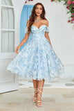 Off The Shoulder Printed Blue Homcoming Dress