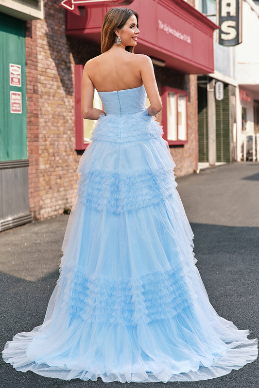 Tulle Light Blue Tiered A Line Prom Dress with Slit