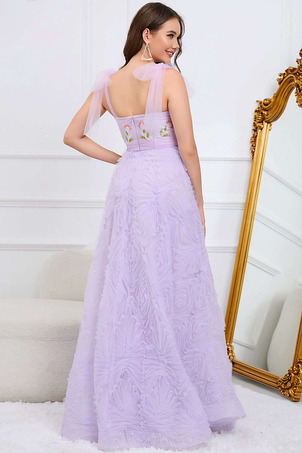 A-Line Purple Tulle Prom Dress With Embroidery