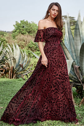 A Line Off the Shoulder Burgundy Long Prom Dress with Belt