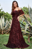 A Line Off the Shoulder Burgundy Long Prom Dress with Belt