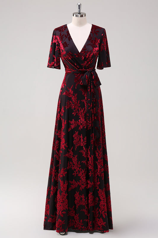 Burnout Velvet Burgundy V-Neck Mother of Bride Dress