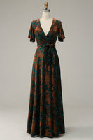 A-Line V Neck Dark Green Burnout Velvet Floor Length Dress with Short Sleeve