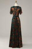 A-Line V Neck Dark Green Burnout Velvet Floor Length Dress with Short Sleeve