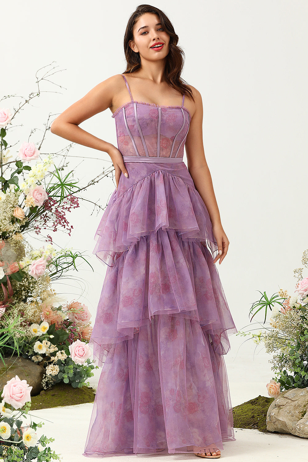 Purple Printed A Line Corset Prom Dress