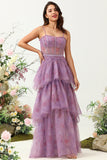 Purple Printed A Line Corset Prom Dress