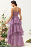 Purple Printed A Line Corset Prom Dress