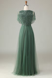 Epitome of Romance A-Line V Neck Eucalyptus Long Bridesmaid Dress with Beading