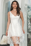 White A-Line V-Neck Flower Lace Short Graduation Dress