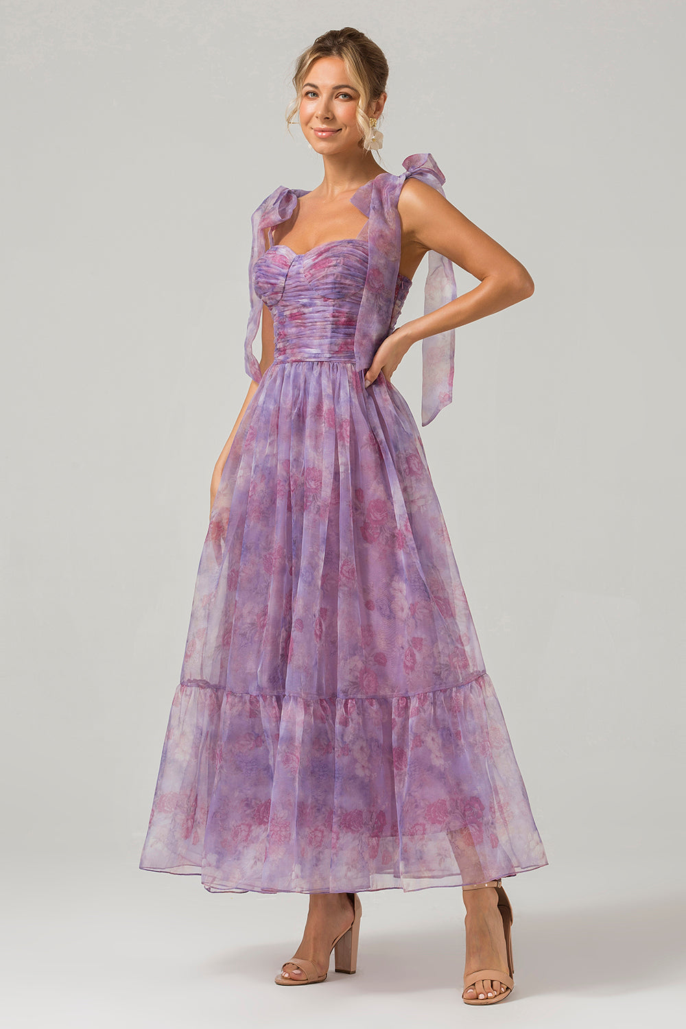 Purple A Line Pleated Printed Tea-Length Prom Dress