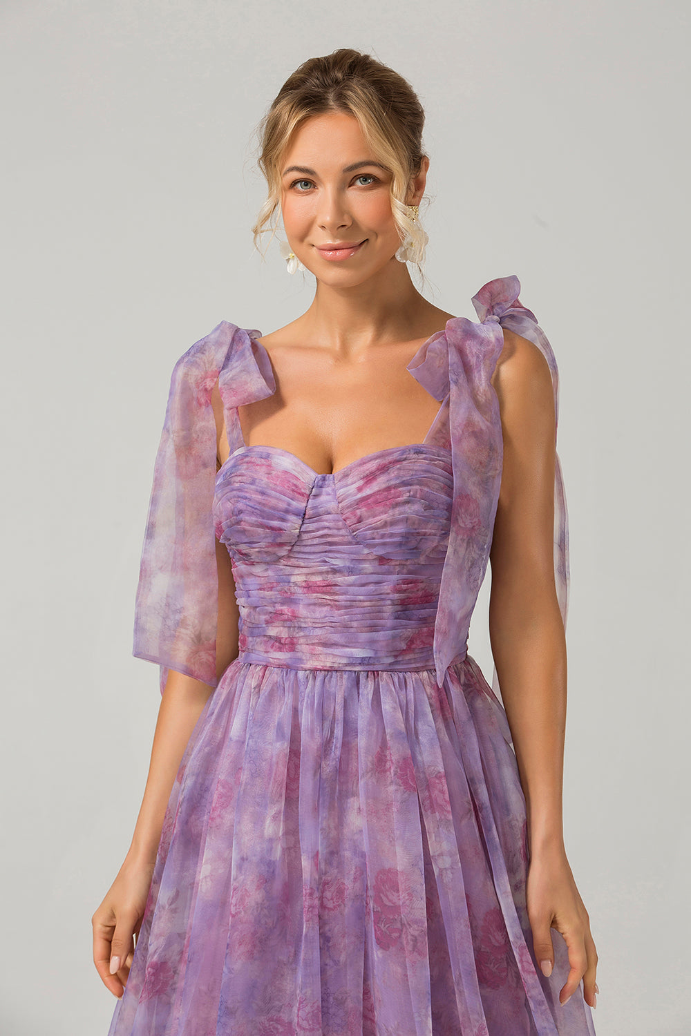 Purple A Line Pleated Printed Tea-Length Prom Dress